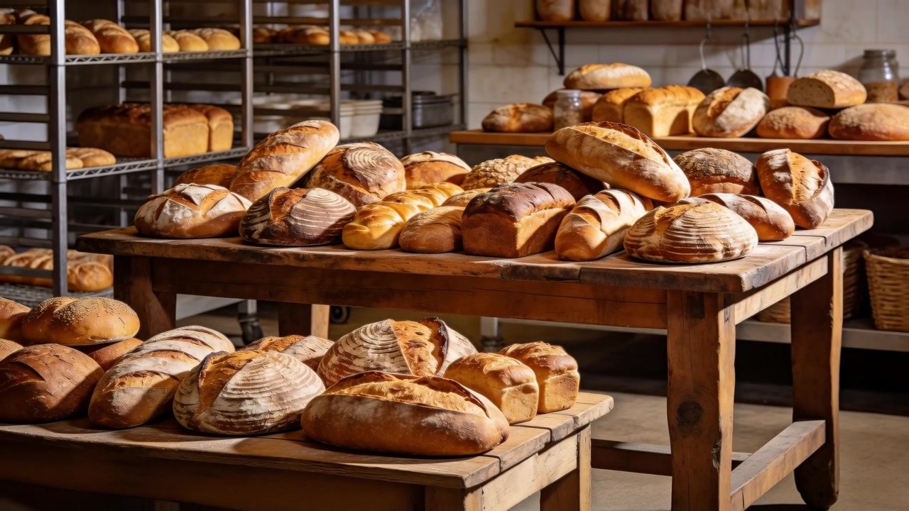 Zooming camera in, showing artisan loaves on wood tables in bakery with metal racks, showing crusts