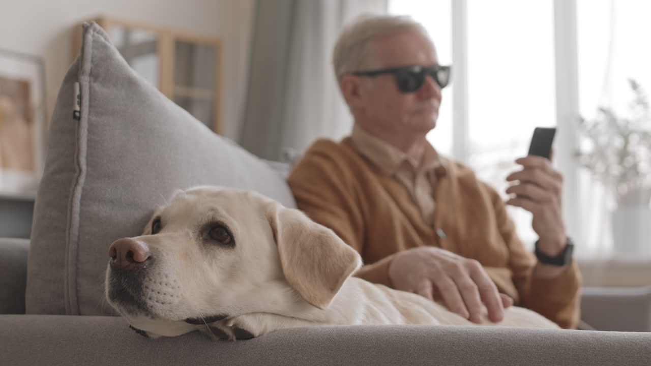 Blind Old Man Scrolling at Smartphone while Petting Dog at Home