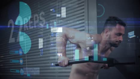 animación del procesamiento de datos sobre un hombre fuerte haciendo ejercicio con equipos de gimnasio