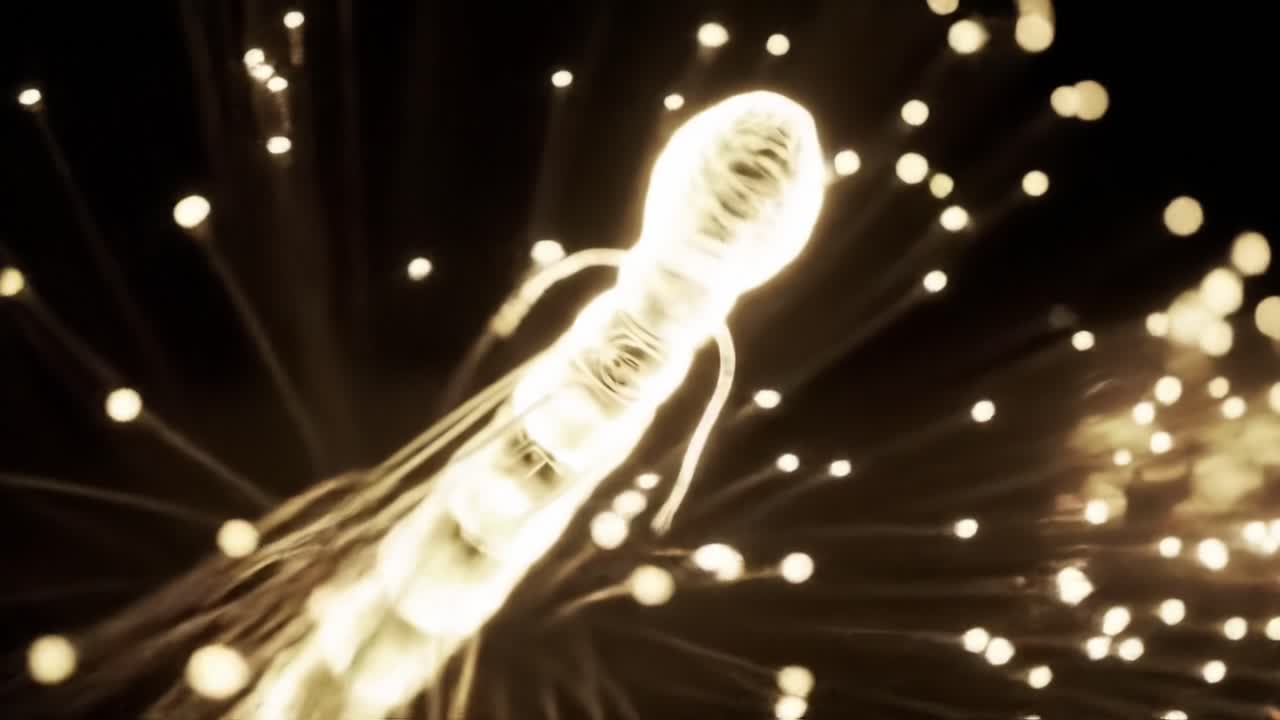 Glowing fibers create a stunning light spectacle in a dark environment, showcasing the beauty of modern artistry. This immersive experience captivates viewers with its enchanting glow.