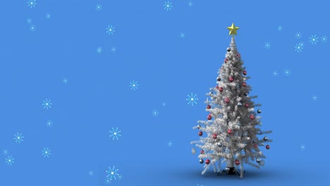 Animation-Von-Schnee,-Der-über-Den-Weihnachtsbaum-Auf-Blauem-Hintergrund-Fällt