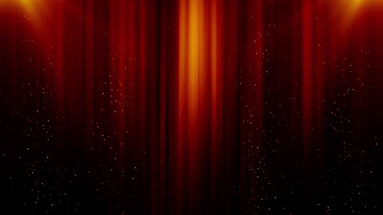 Loop di sfondo cinematografico con particelle di polvere, bokeh di luce astratto e titoli in movimento.