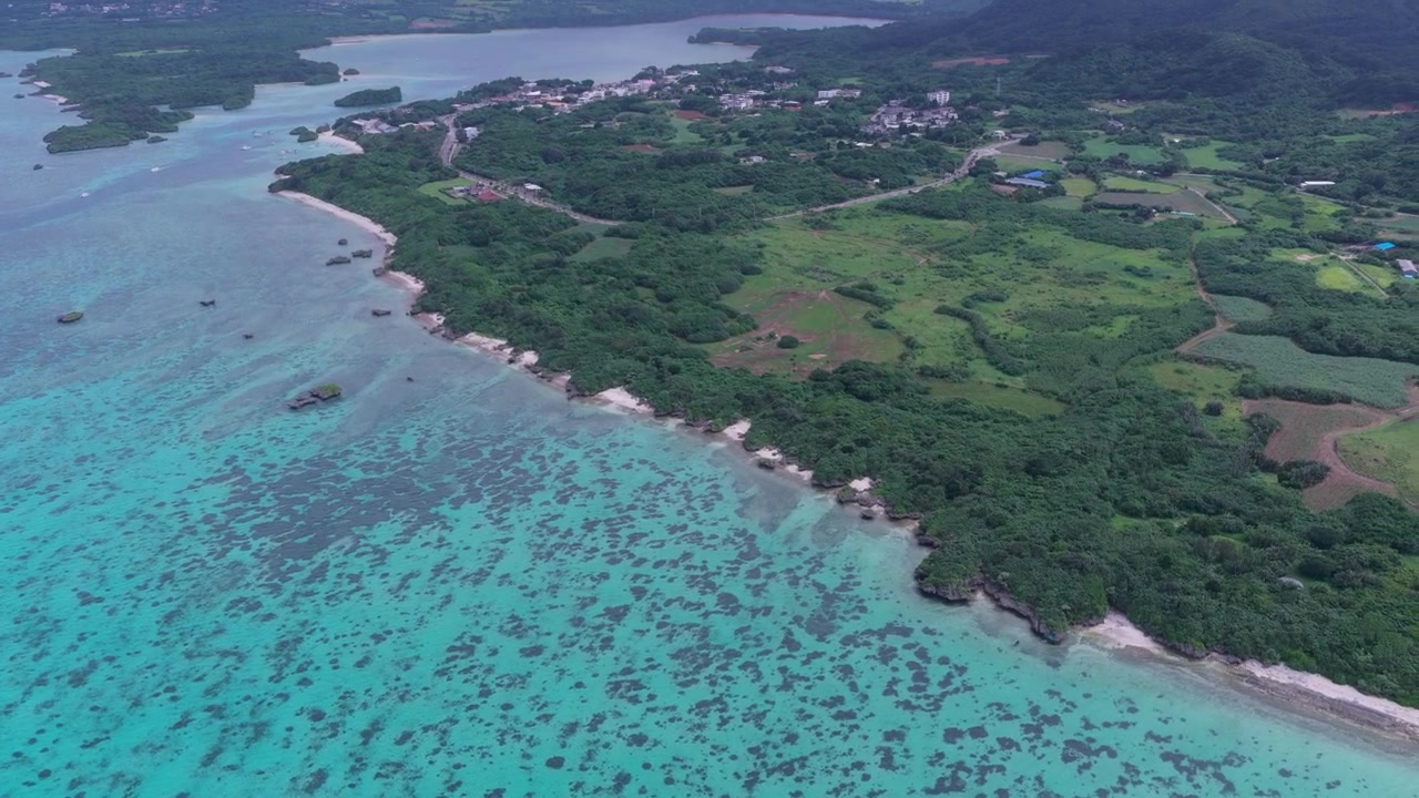 Ripresa orizzontale con movimento in elevazione e panoramica a destra sulle acque costiere turchesi e la costa boscosa di Okinawa, Giappone