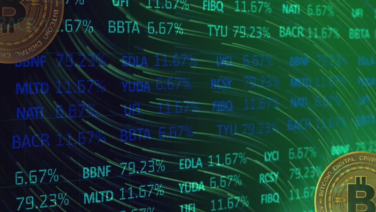 animación del procesamiento de datos financieros y bitcoins sobre un fondo oscuro