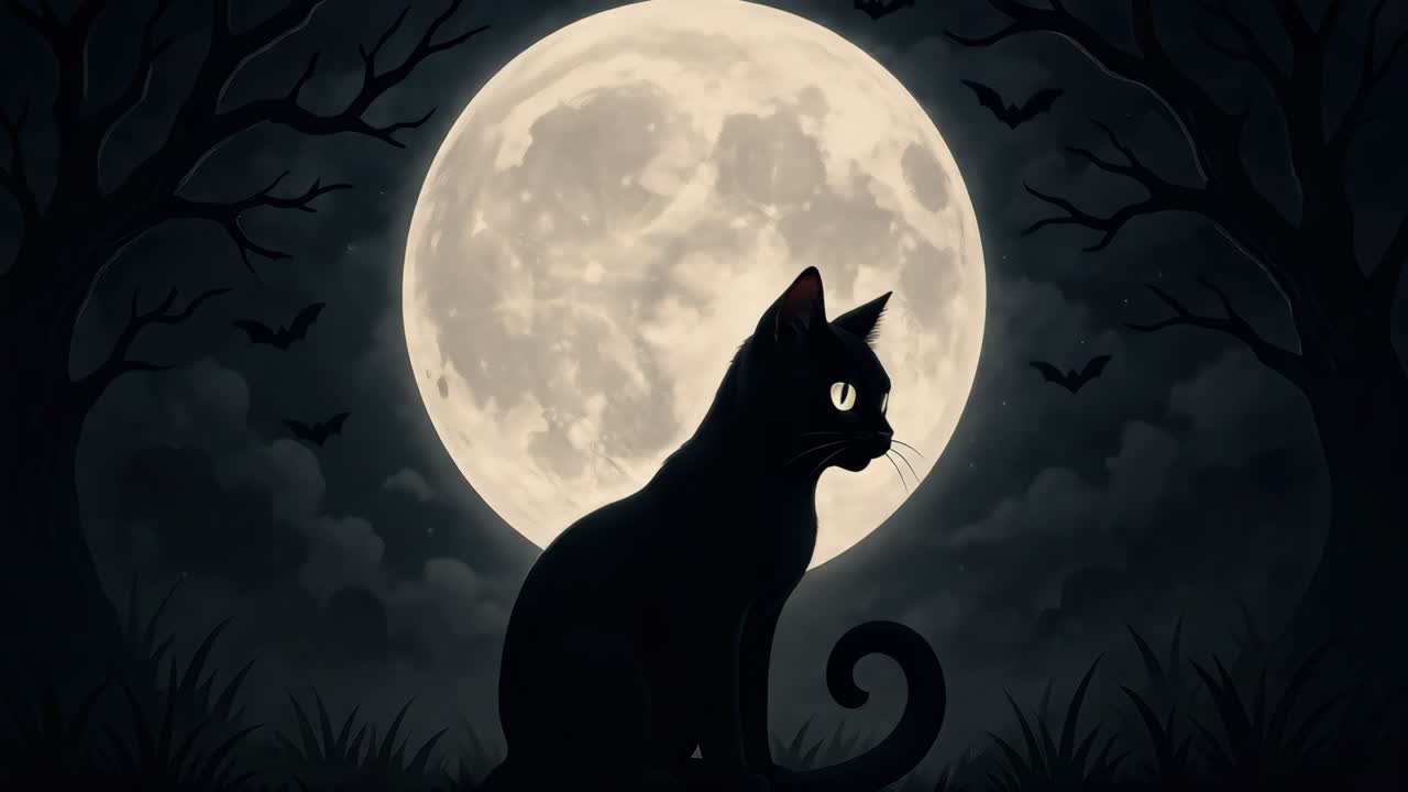 Silhouette of a black cat against a full moon, surrounded by bats and trees