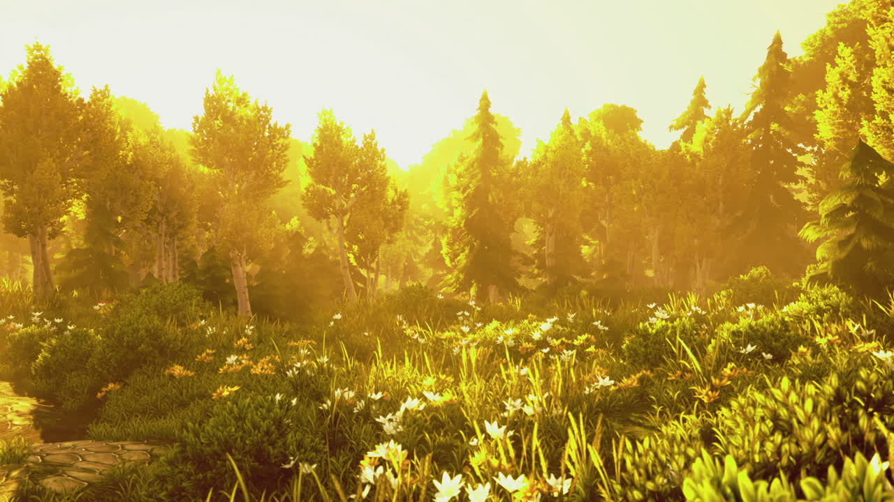 Golden sunlight bathes a serene forest full of vibrant greenery and wildflowers