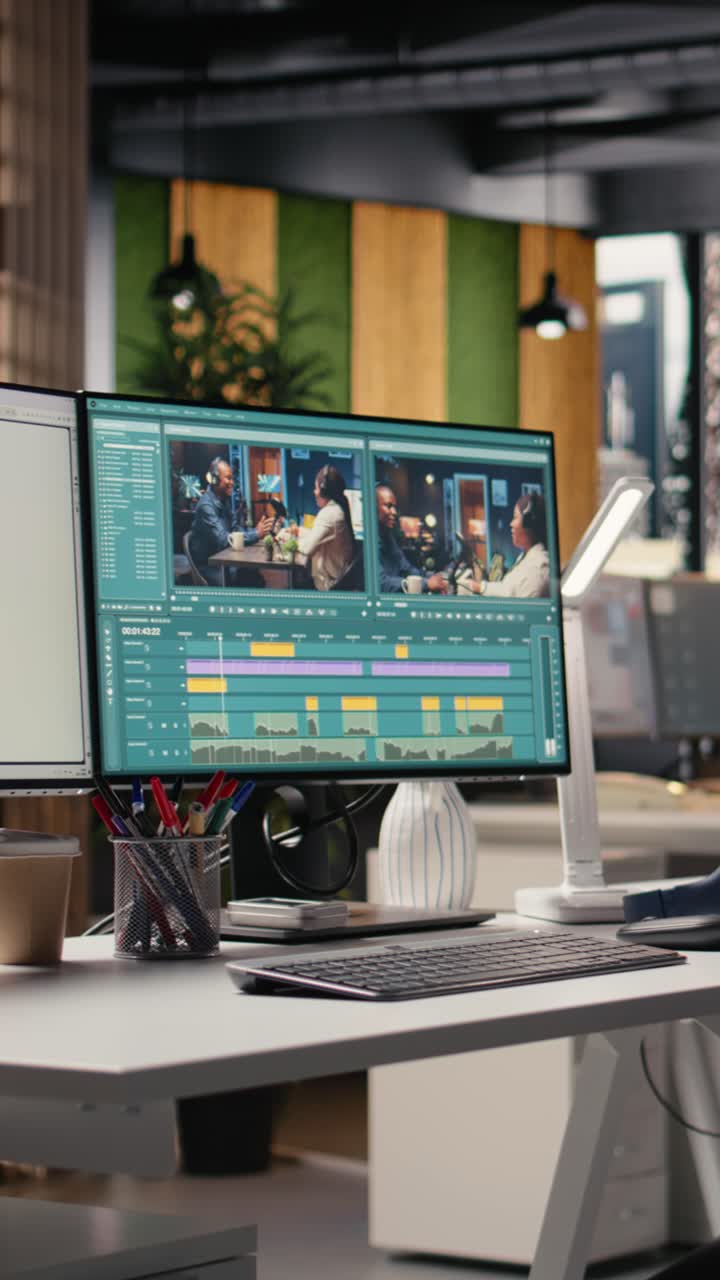 Monitor doppi per computer che mostrano software di editing video e contenuti online in un ufficio moderno.