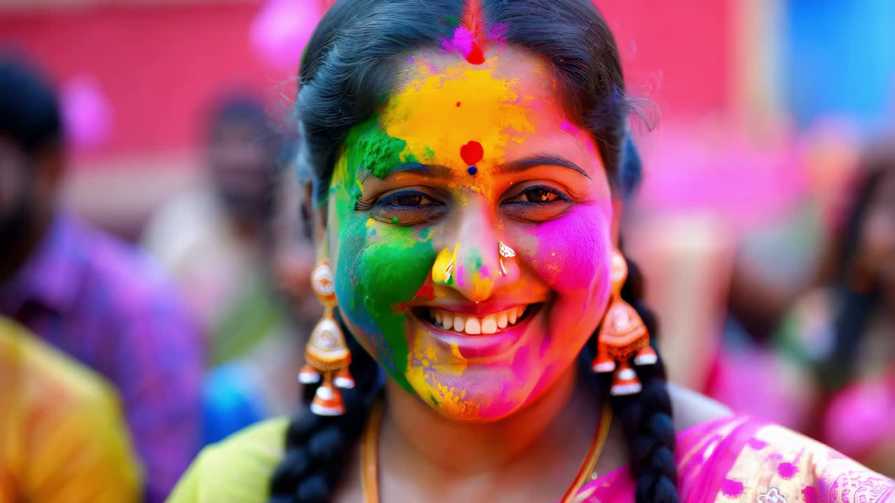 Donna che celebra l'Holi con vivaci pitture facciali
