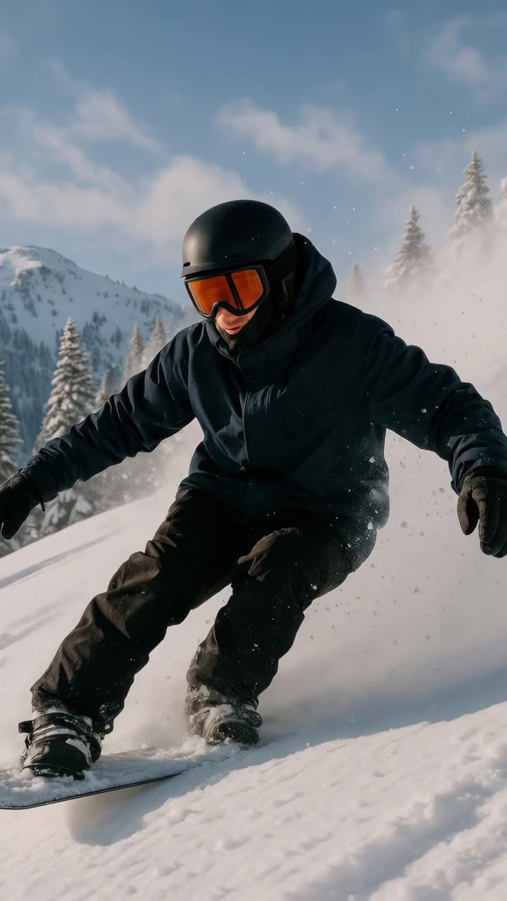 Dynamic low-angle video shot of a snowboarder in action, capturing the thrill and speed