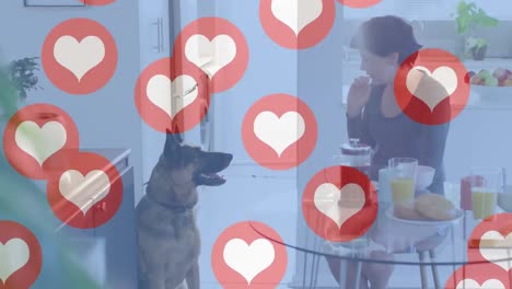 Animation-Von-Herz-Emojis-über-Einer-Glücklichen-Kaukasischen-Frau-Mit-Hund