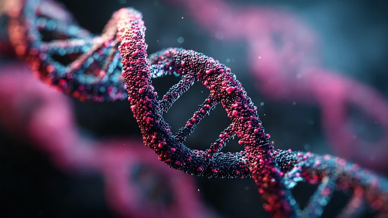 A Detailed Exploration of DNA Structure: Close-up Frames Capturing the Intricate Double Helix and Its Vibrant Particle-Like Appearance Against a Mysterious Background