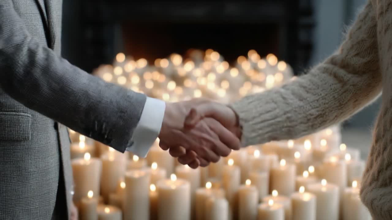 A Serene Moment of Connection: Two People Engaging in a Handshake Surrounded by a Warm Glow of Flickering Candles, Symbolizing Trust and Unity