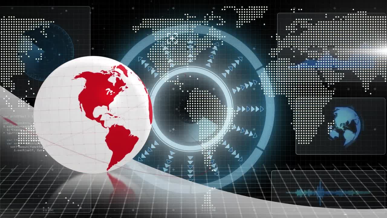 은 지구와 원형 스캐너의 애니메이션으로 검은 바탕에 세계 지도에 대한 데이터를 처리합니다.