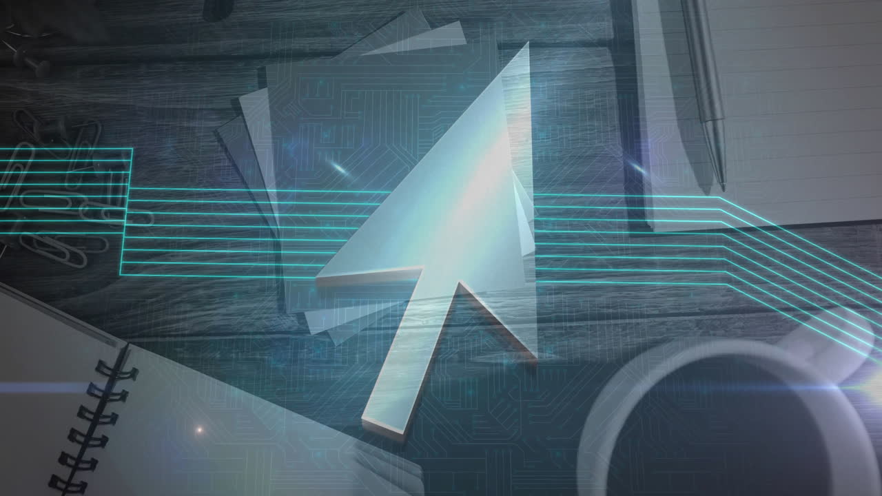 gran animación del cursor sobre el escritorio de la oficina con papeles y taza de café