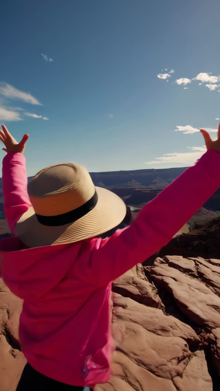 A person with arms raised admiring the panoramic view of a winding river through a desert canyon