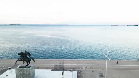 4k drone clip revealing the statue of alexander the great in thessaloniki, greece