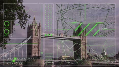animación de la interfaz con procesamiento de datos contra la vista del puente de londres.