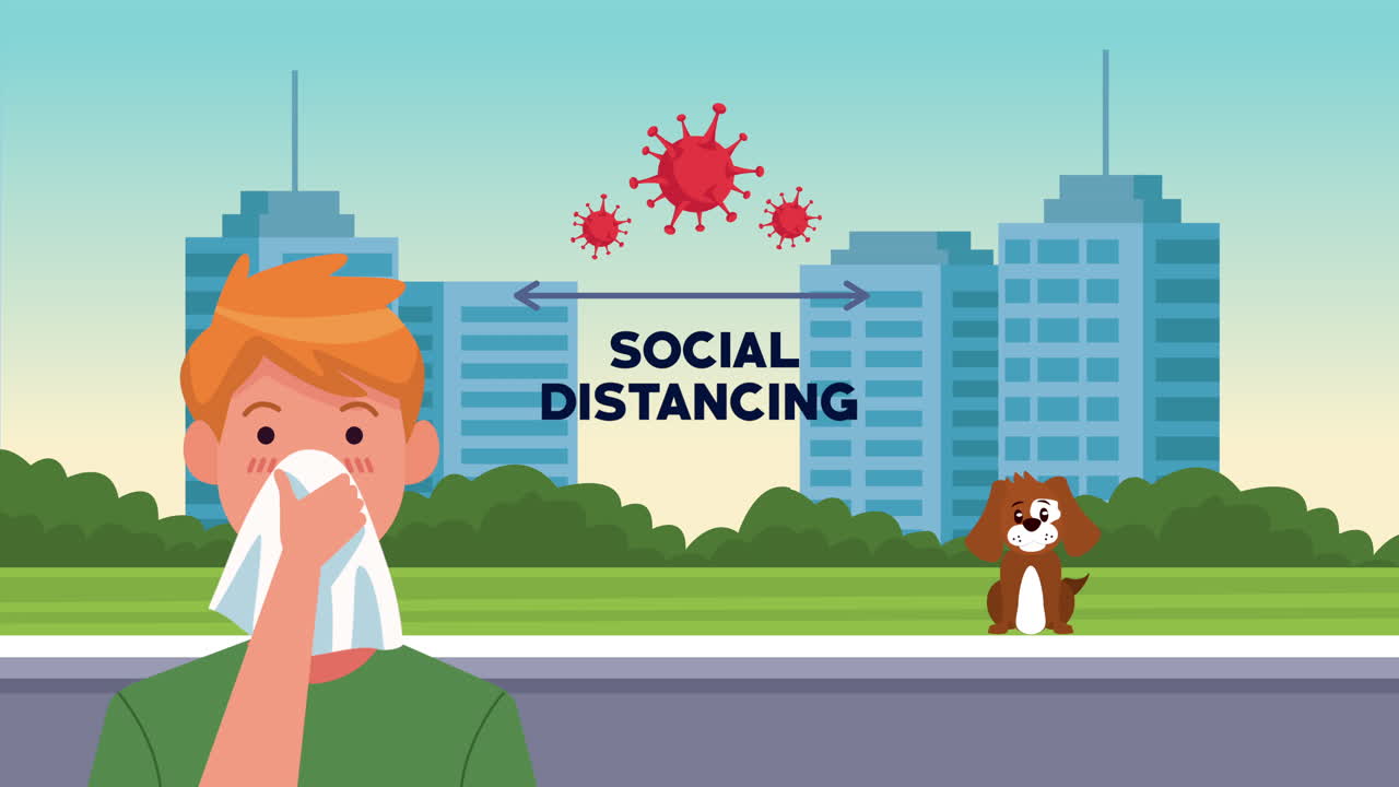 거리에서 병든 남자와 함께 사회적 거리 두기 캠페인