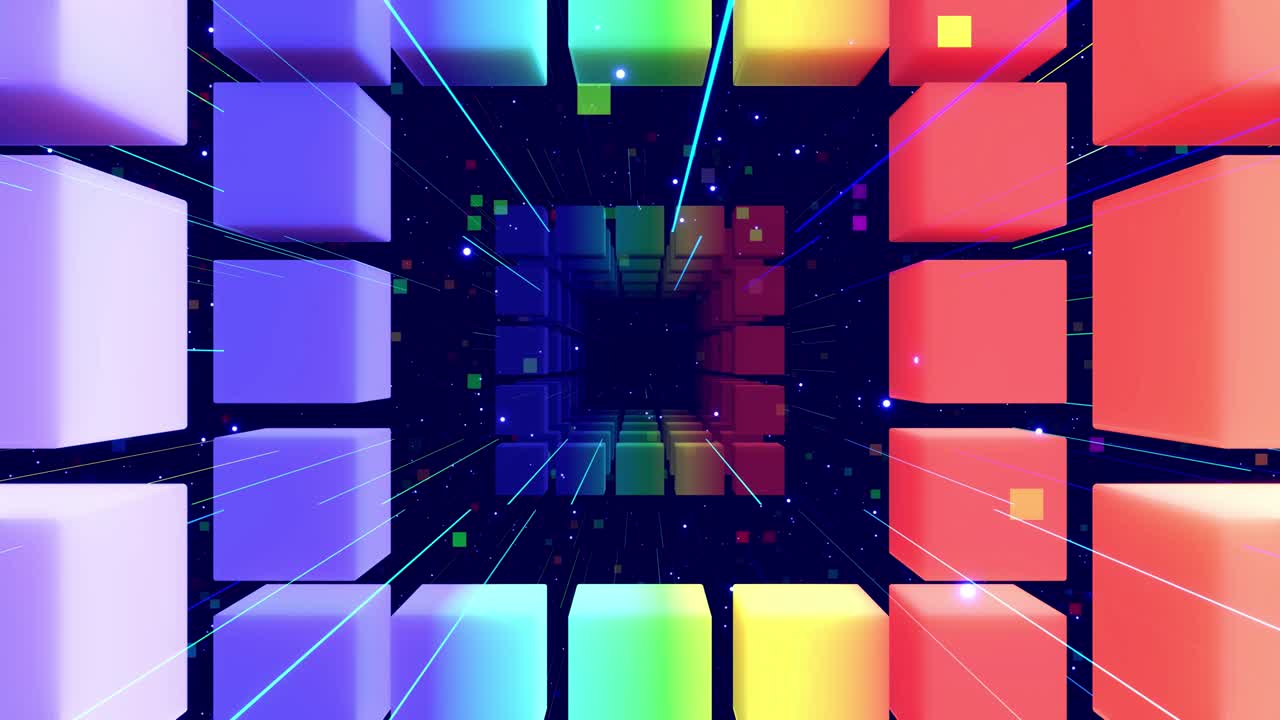 brillante hermoso fondo geométrico. vuelo a través del espacio de arte lleno de estructuras rectangulares o cúbicas, luz de neón. gradiente de color arco iris. bucles vj. 4k 3d render gráficos de movimiento bg