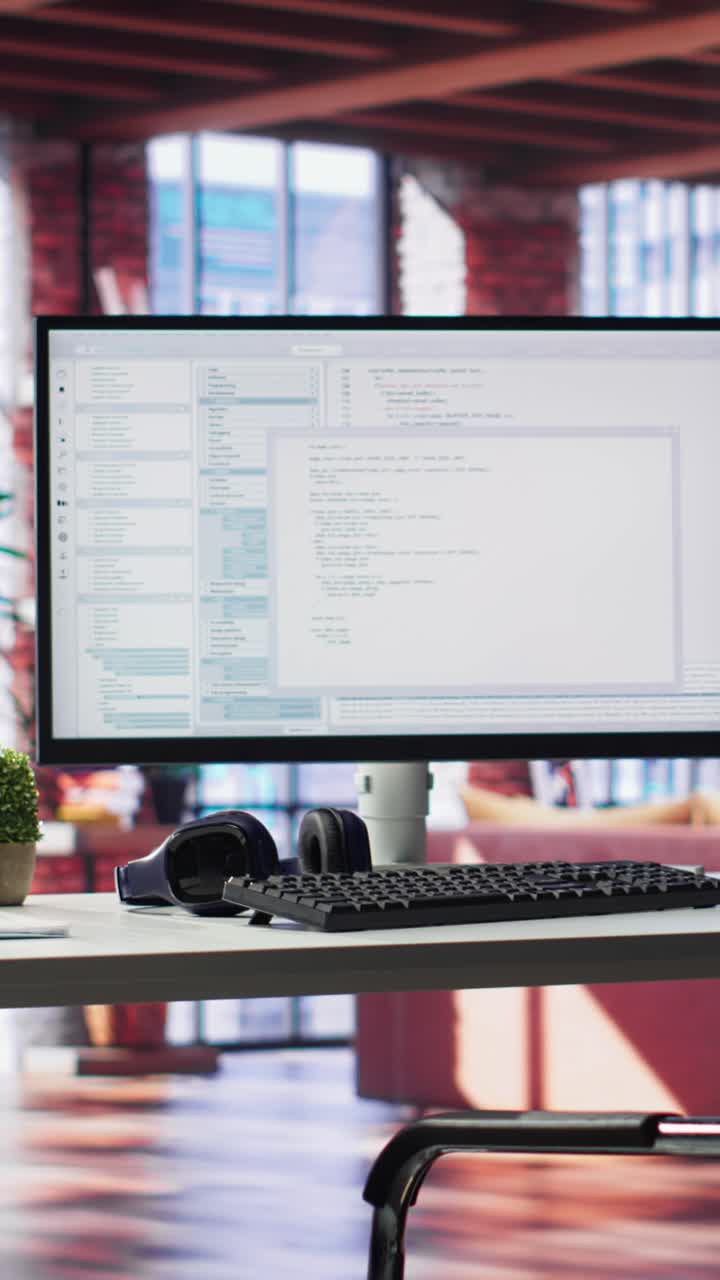 Vertical Video Modern loft with desktop monitor ready for coding and programming tasks
