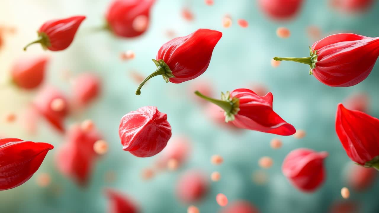 Floating red chili peppers in mid-air. Red chili peppers hover against a soft blue backdrop, highlighting their vibrant color and unique shape.