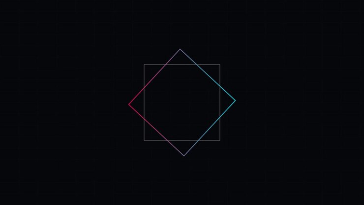 Grafica animata astratta con quadrati al neon rotanti ed effetti glitch
