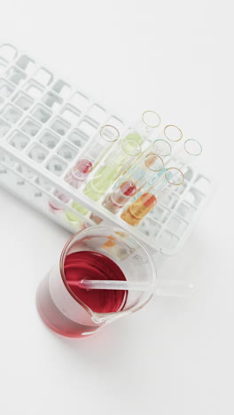 vertical video of coloured liquid in flask with test tubes in stand on white background