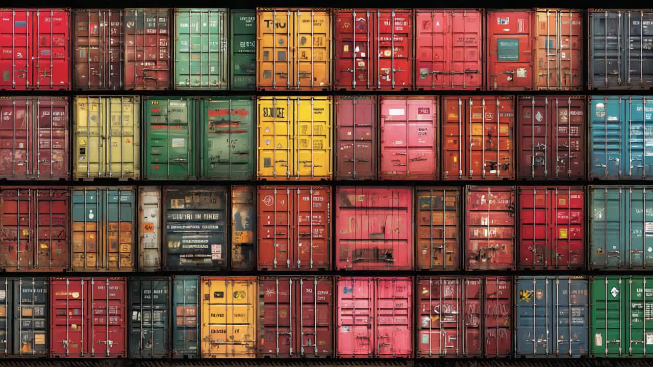 A Vibrant Collage of Colorful Shipping Containers: An Artistic Exploration of Industrial Storage and Transportation Solutions