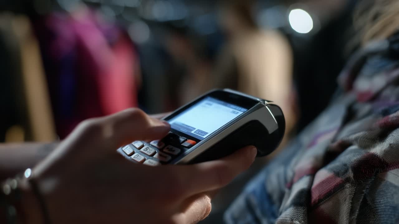 A Hand Holding a Mobile Device Displays Information in a Dimly Lit Environment, Surrounded by Clothing Items in the Background, Evoking a Sense of Modern Technology in Retail Spaces
