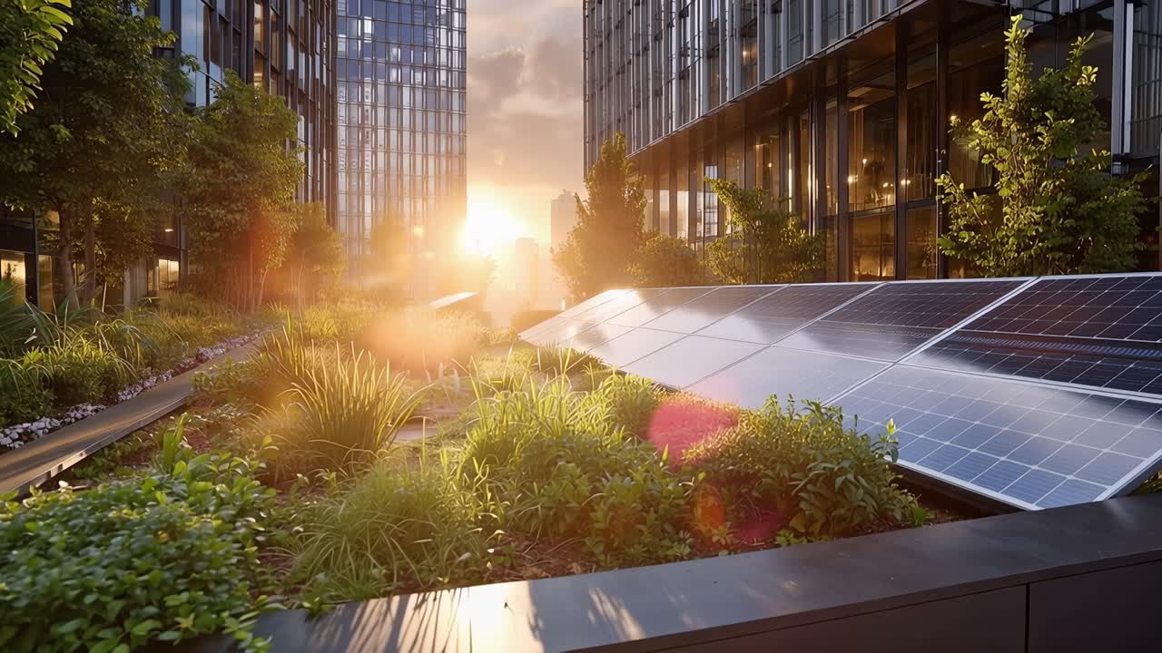 A luz do sol brilha atrás de torres modernas de vidro. A vegetação prospera em um jardim urbano no telhado. Painéis solares refletem tons dourados ambientes. Concreto escuro emoldura canteiros de plantas com precisão.