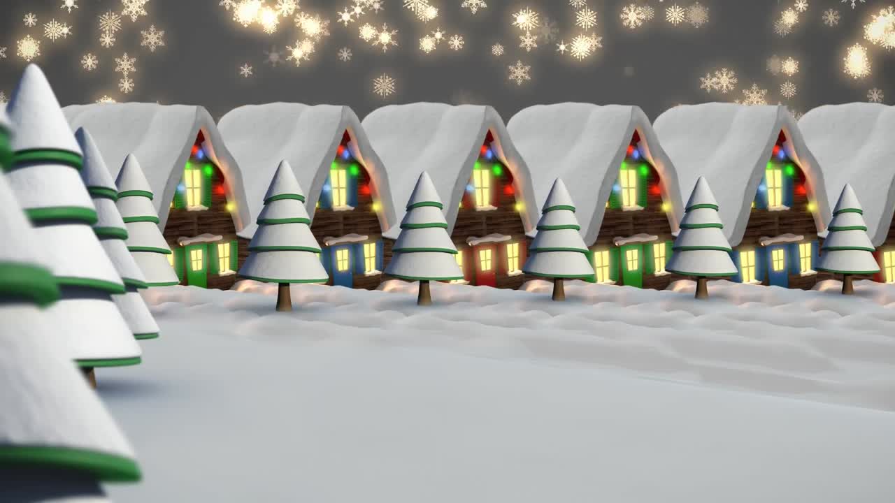 Animation of winter scenery with decorated houses on black background