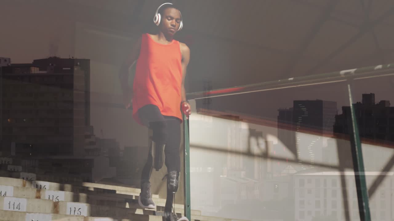 Animation of cityscape over disabled african american man with artificial legs running