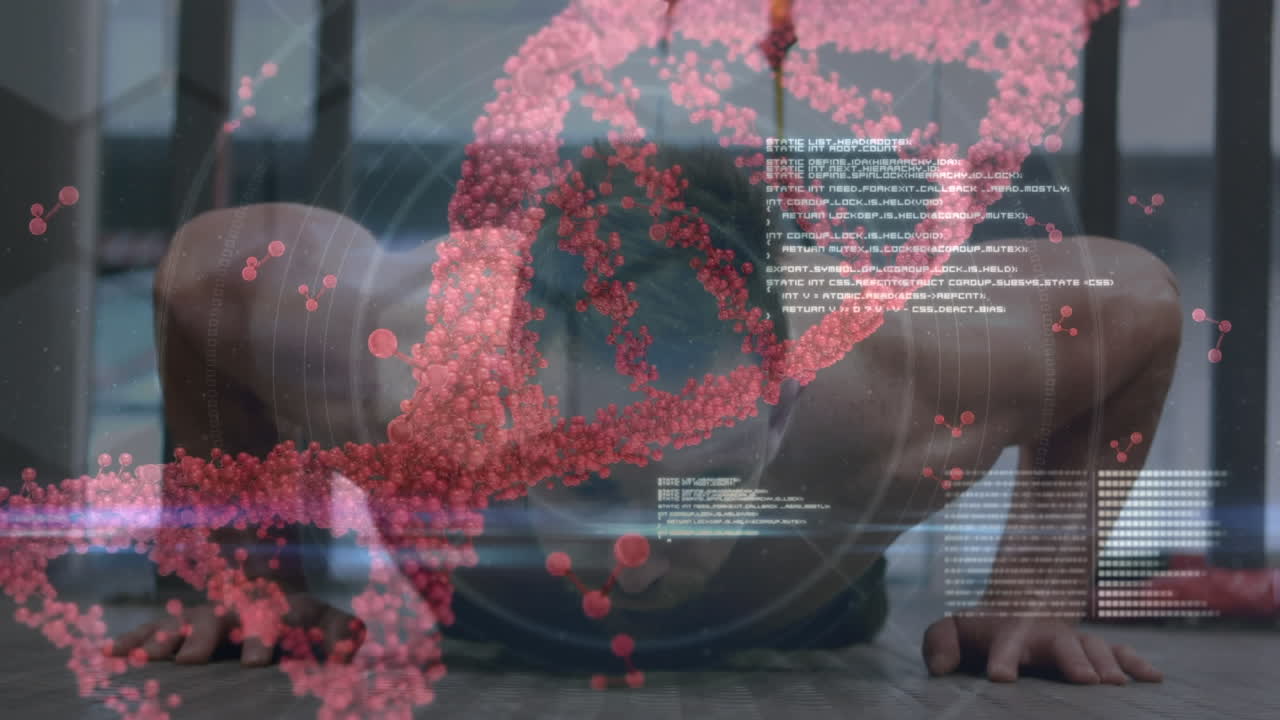 체육관에서 운동하는 근육질의 남자 위에 있는 dna 줄기의 애니메이션