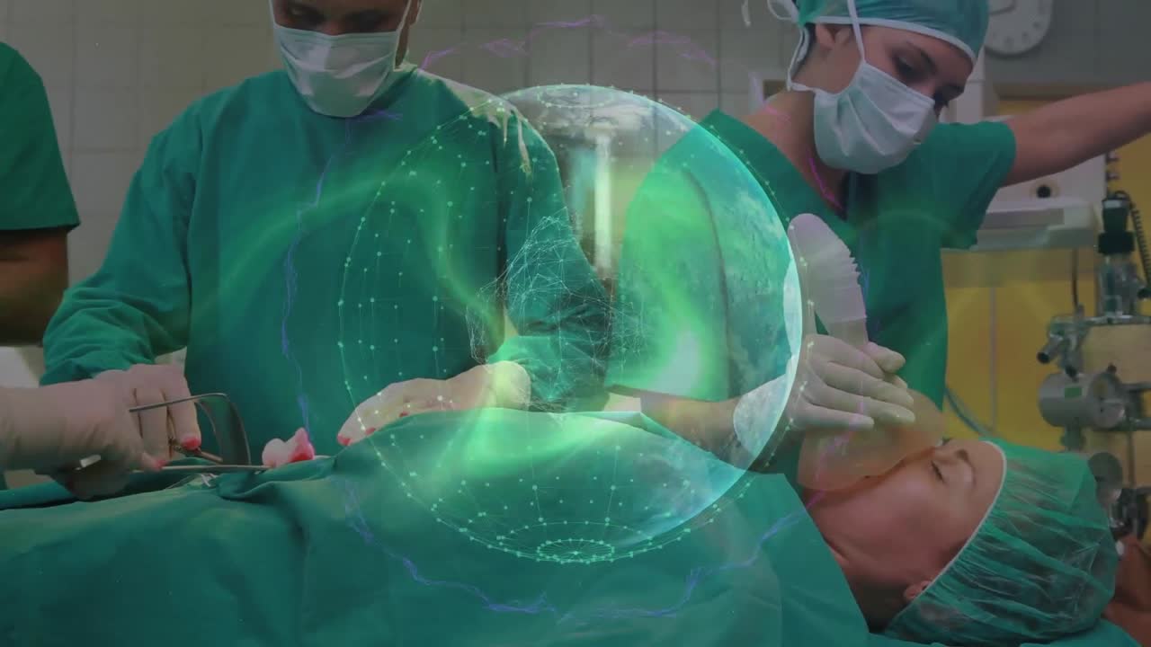 수술을 수행하는 외과 의사 팀에 대한 연결 네트워크의 지구상의 애니메이션.