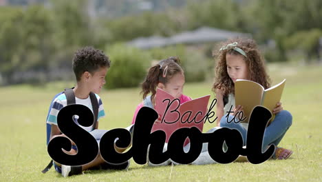 animation of back to school text over diverse schoolchildren reading books in park