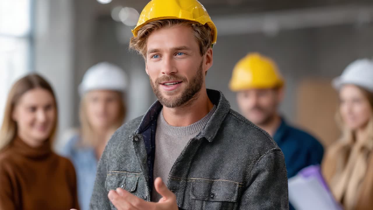Engaging Construction Manager Leading Team Discussion on Site Safety and Project Development with Colleagues in Hard Hats and Professional Attire