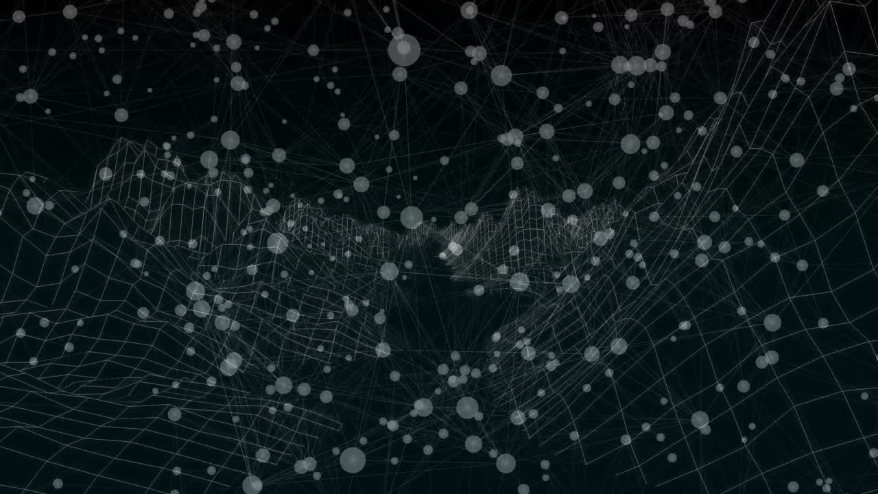 Translucent spheres floating across dark virtual space, forming animated 3D wireframe data network