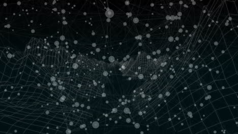 translucent spheres floating across dark virtual space, forming animated 3d wireframe data network