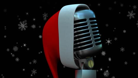 Animation-of-snow-falling-over-microphone-with-christmas-hat-on-dark-background