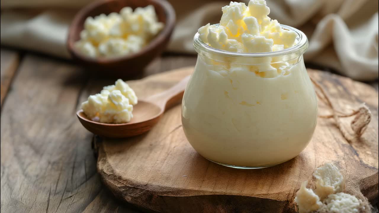 Glass jar full of milk kefir over a rustic wooden table, with some grains overflowing the jar and a wooden spoon with more grains on the side, with a blurred wooden bowl in the background