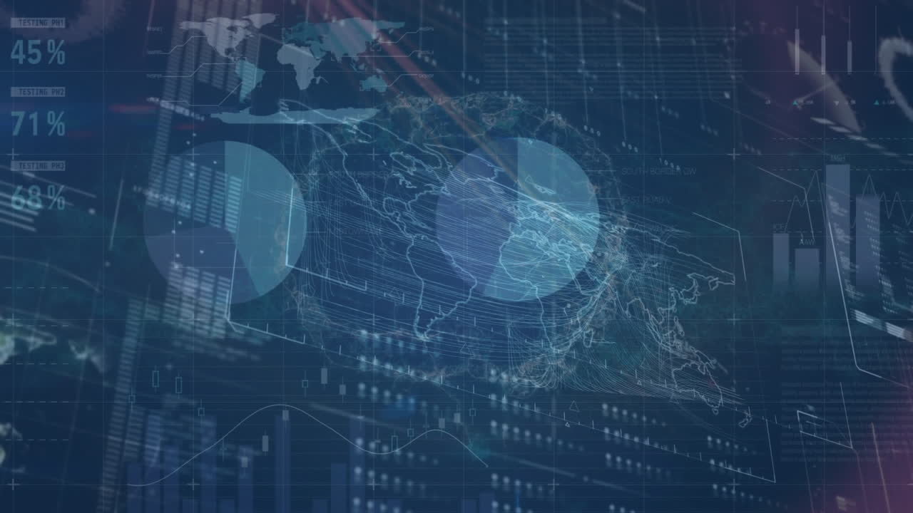 Animation of statistics and digital data processing on dark background
