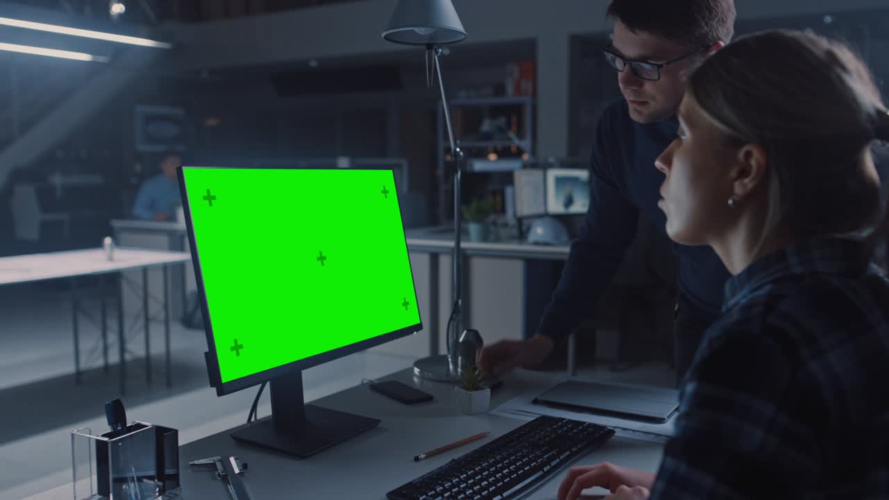 ingeniero trabajando en una computadora de escritorio, pantalla que muestra una pantalla de maqueta verde, su gerente de proyecto masculino explica los detalles del proyecto. oficina de instalaciones de ingeniería de diseño industrial