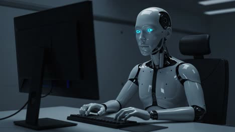 advanced robotics: a futuristic humanoid robot engaging with technology while using a computer, highlighting artificial intelligence and human-machine interaction