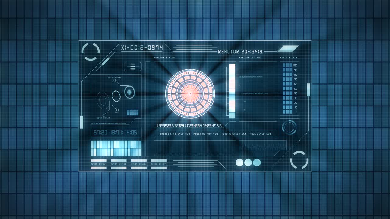 2D HUD display of a reactor control panel, showing reactor status, data, digits, rotating circle bars, equalizer elements all in 3D volumetric lighting