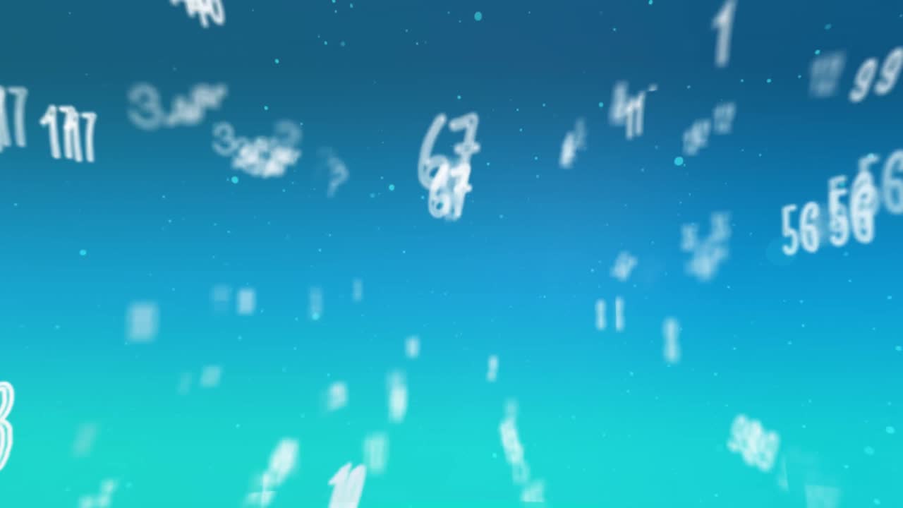 녹색과 파란색 그래디언트 배경에 대한 숫자와 수학적 기호의 디지털 애니메이션