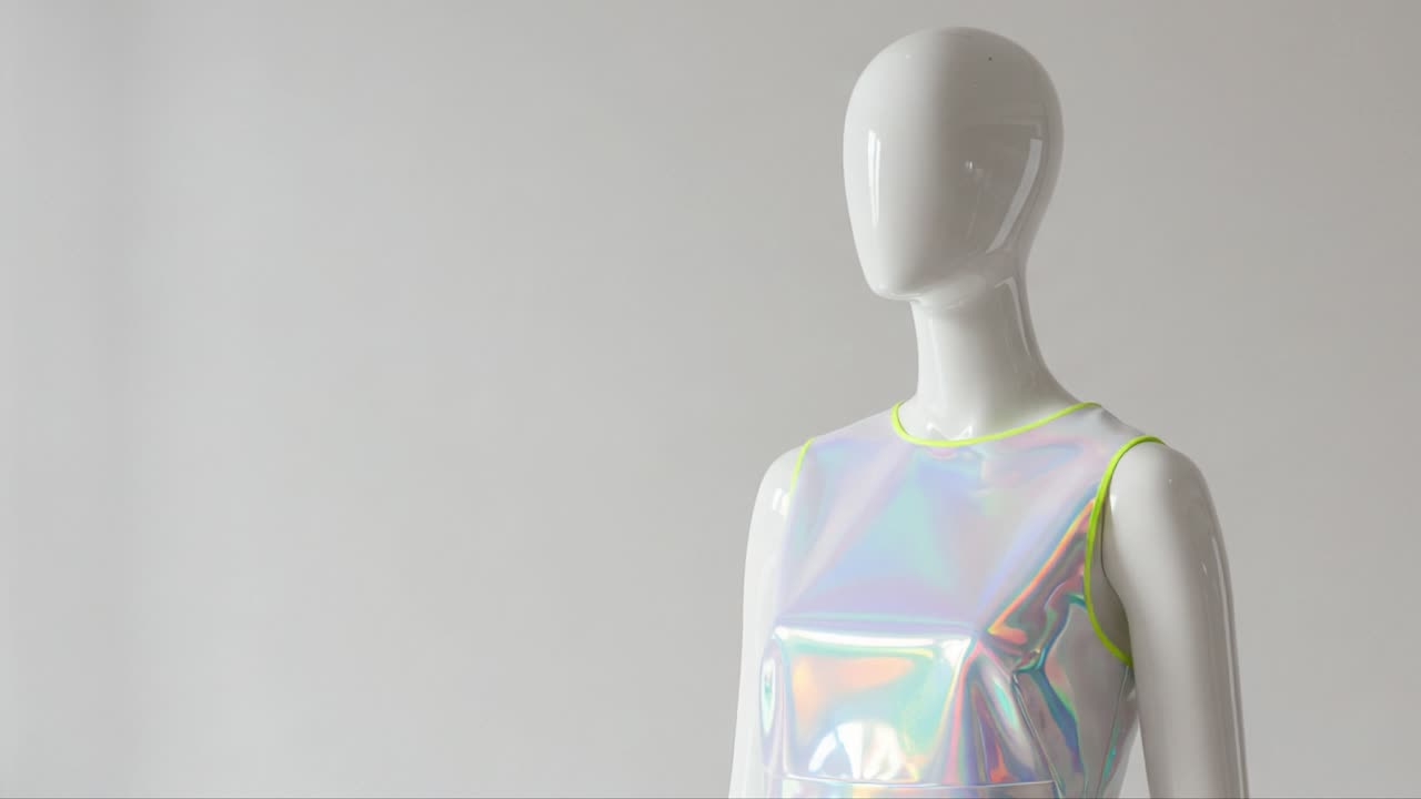 A Stunning Display of Fashion: A Shiny Holographic Dress on a Minimalist Mannequin Against a Neutral Background Showcases Modern Design Aesthetics