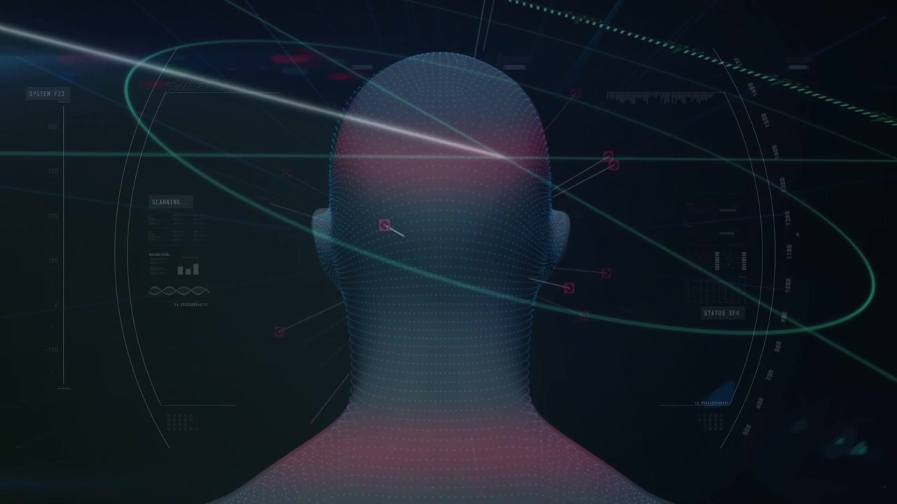 CGI head rotating while HUD activating, rings orbiting, beams scanning jaw ear neck for biometrics