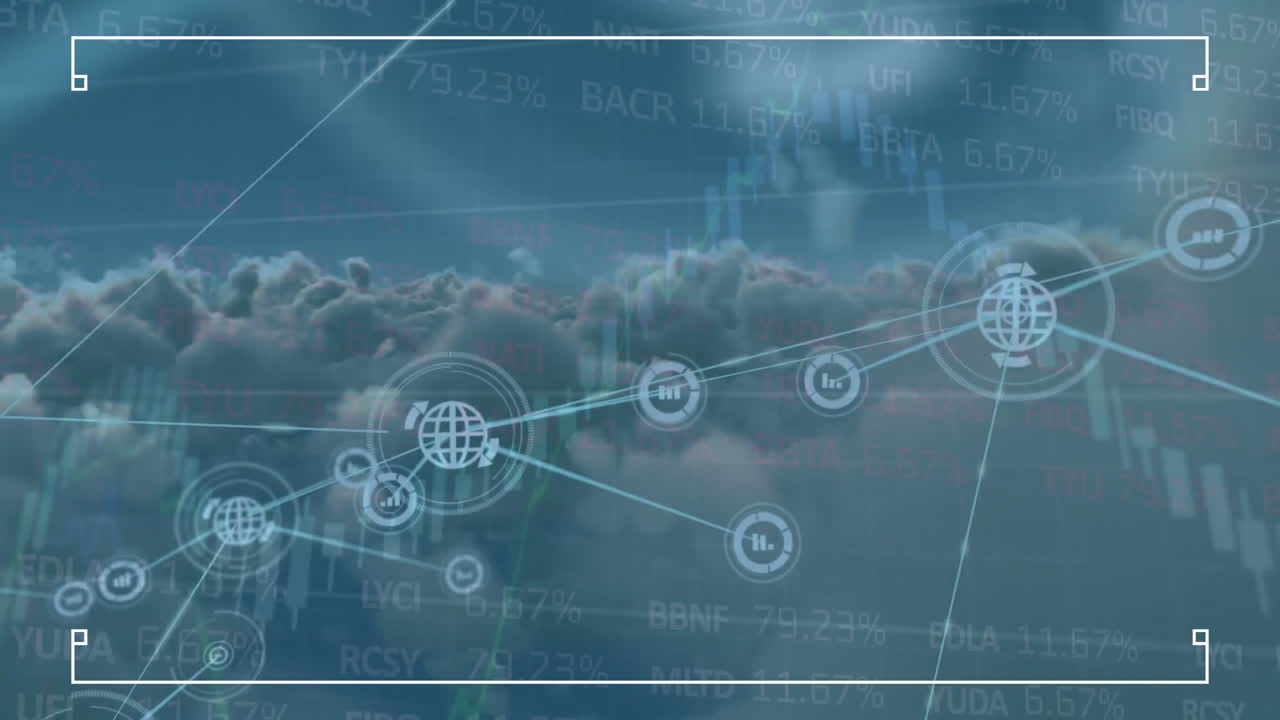 animación de la red de conexiones con iconos sobre nubes