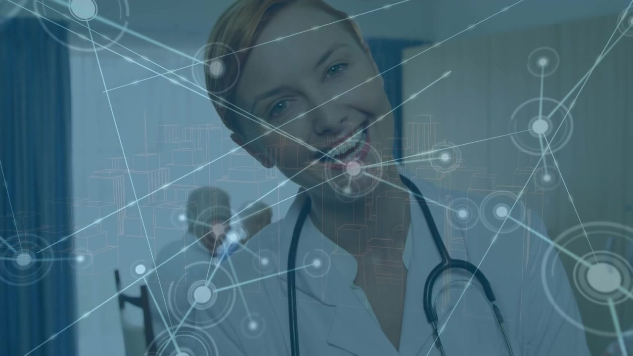 Doctora sonriente con superposición de red digital en un hospital