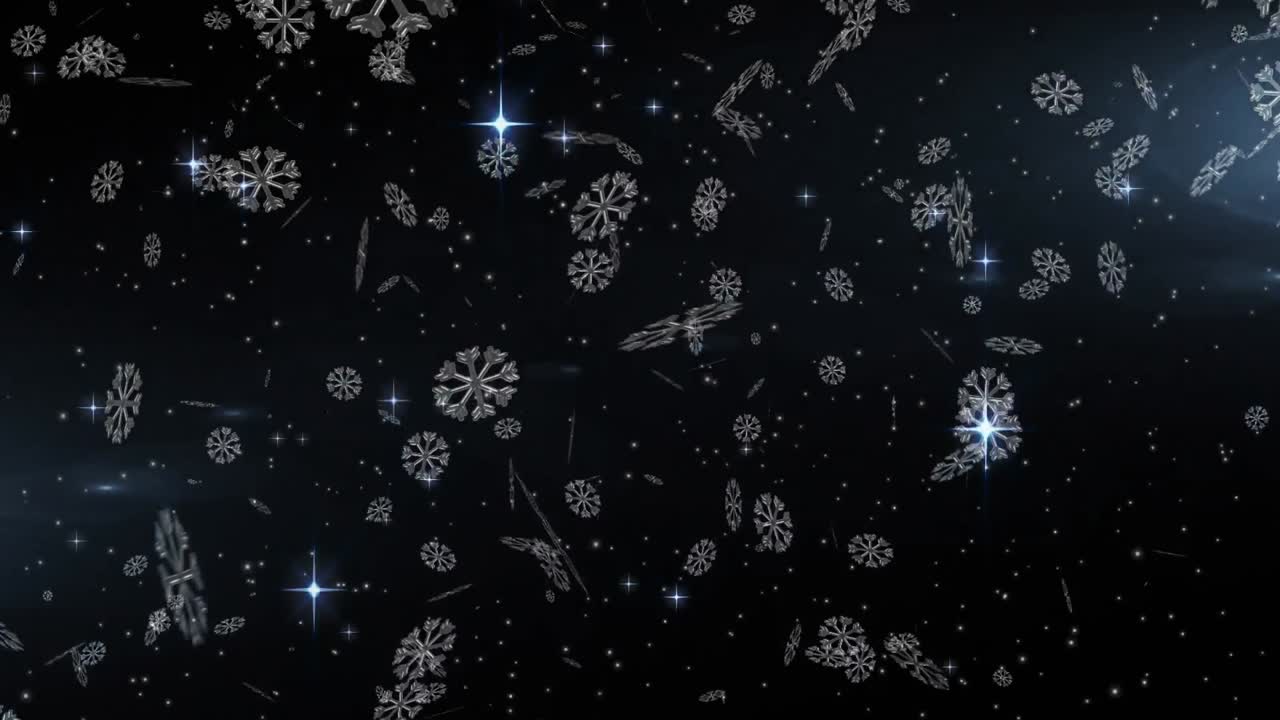 Digital animation of snowflakes falling against shining stars in night sky